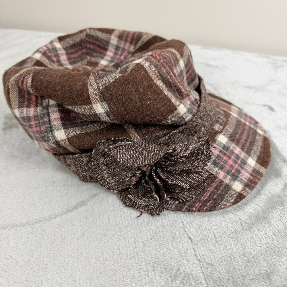 Trixie Brown Plaid Newsboy Cap Hat Wool Blend Pink Accents Bow Detail